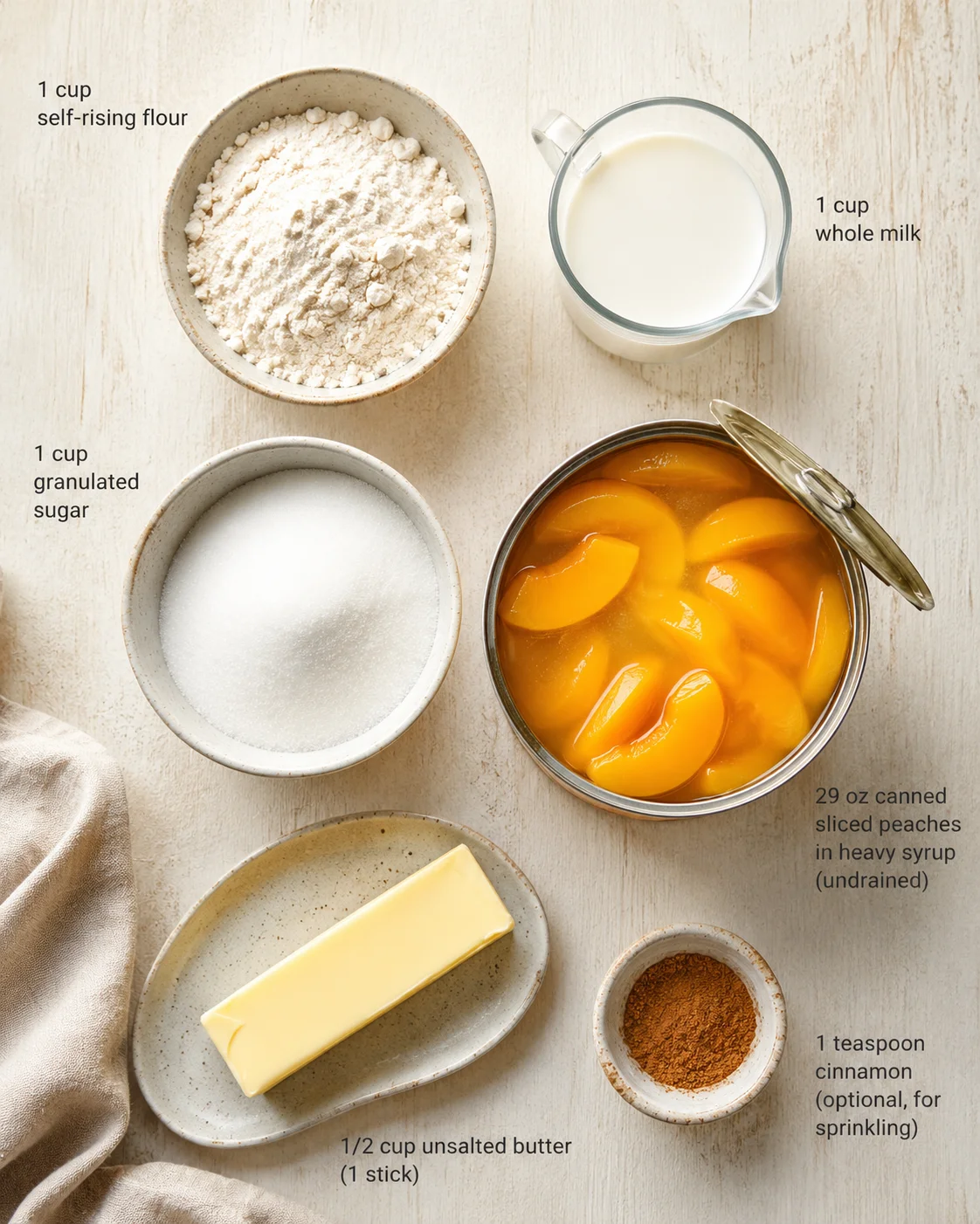 Overhead shot of labeled baking ingredients: flour, milk, sugar, peaches, butter, and cinnamon on a light wood surface.