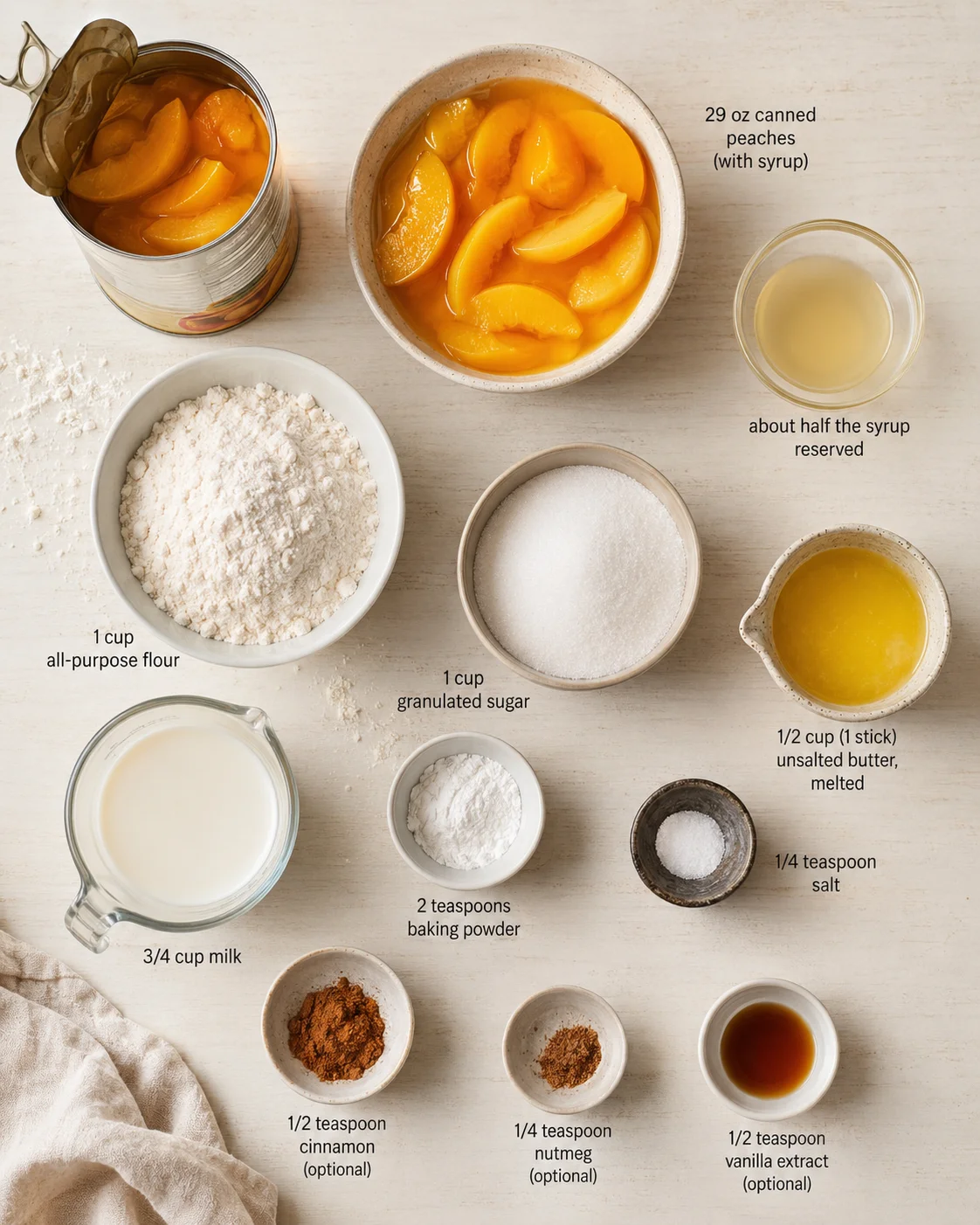 Top-down layout of peach slices in syrup, flour, sugar, milk, butter, salt, and spices.