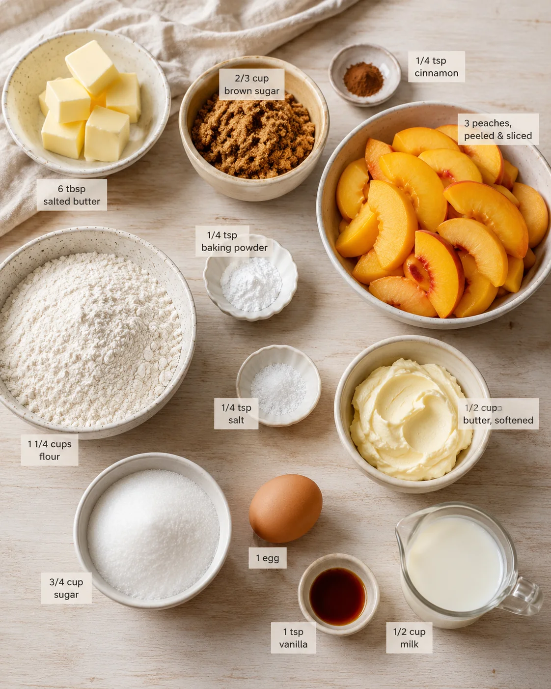 Flat lay of peeled peach slices and baking ingredients on a light wooden surface, with labels.