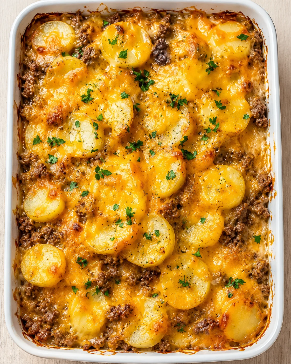 bake dish with potato slices, ground meat, melted cheddar, and parsley in a white baking dish