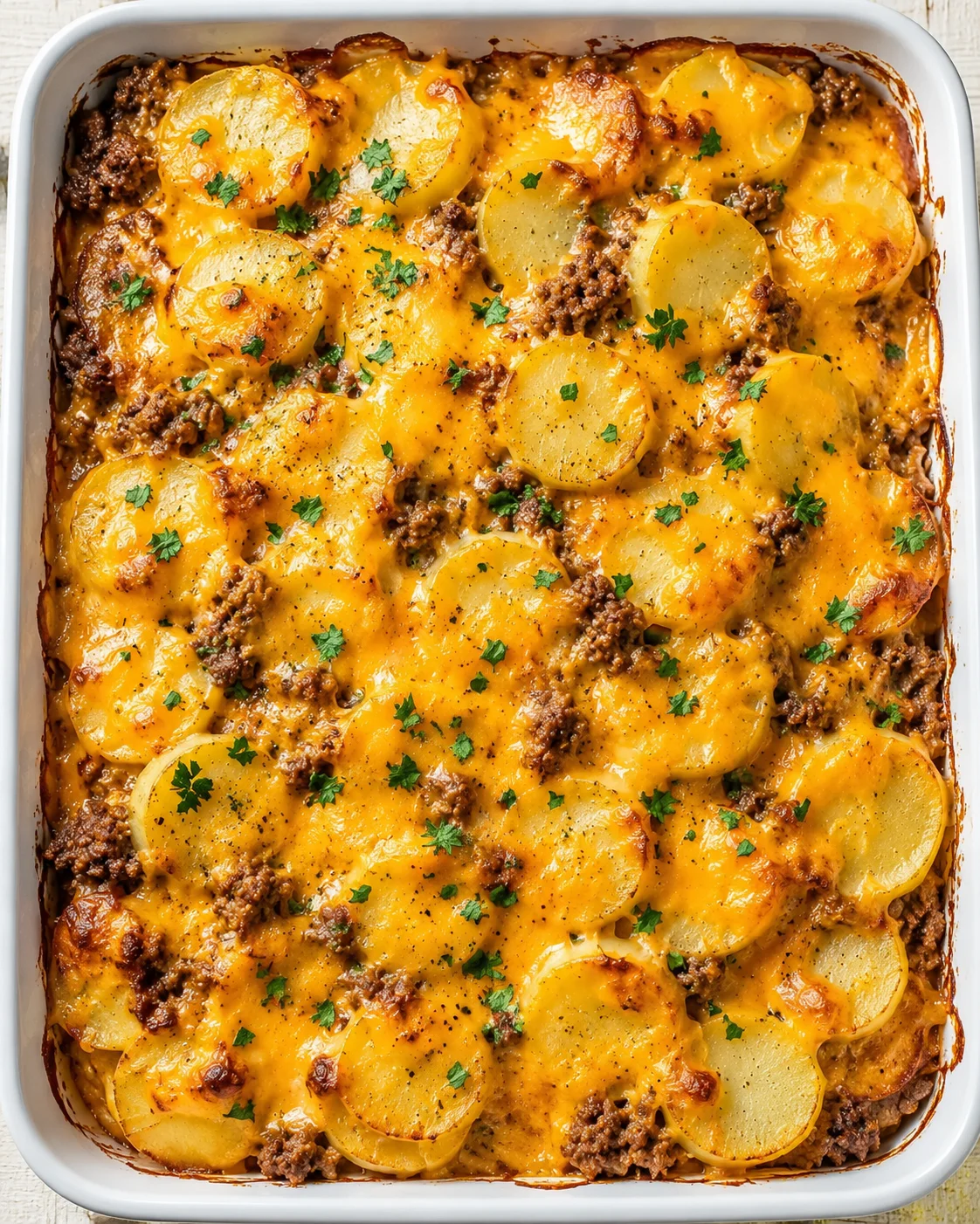 white baking dish filled with potato slices, ground beef, and melted cheddar cheese, garnished with parsley