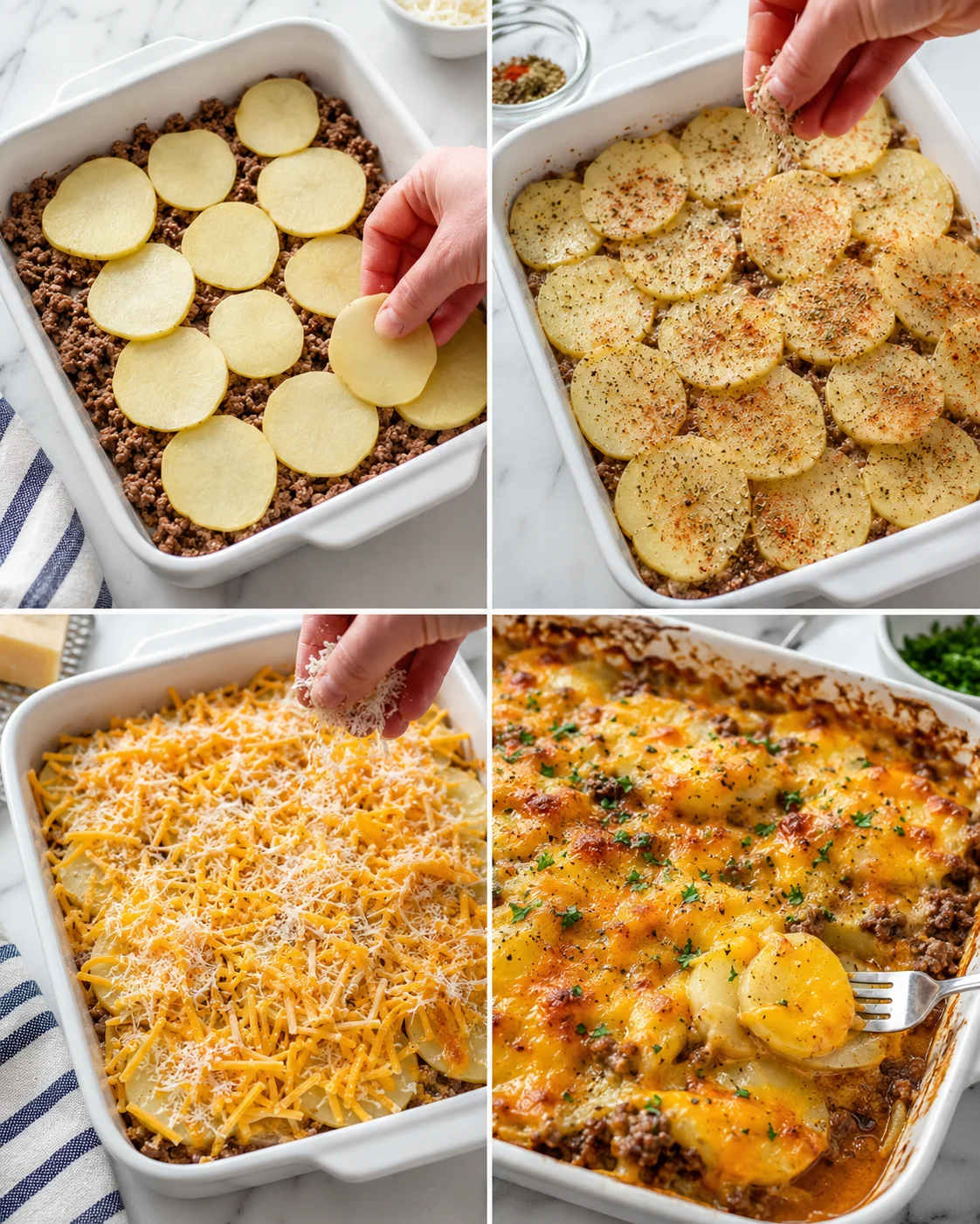 collage showing a potato-topped ground-beef casserole at different stages: layering potatoes, seasoning, cheese, and baked dish
