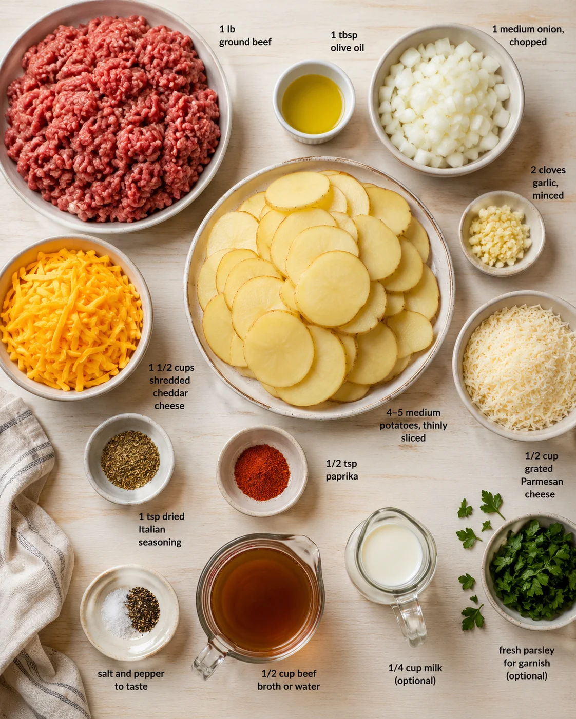Top-down view of shepherd's pie ingredients arranged with labels