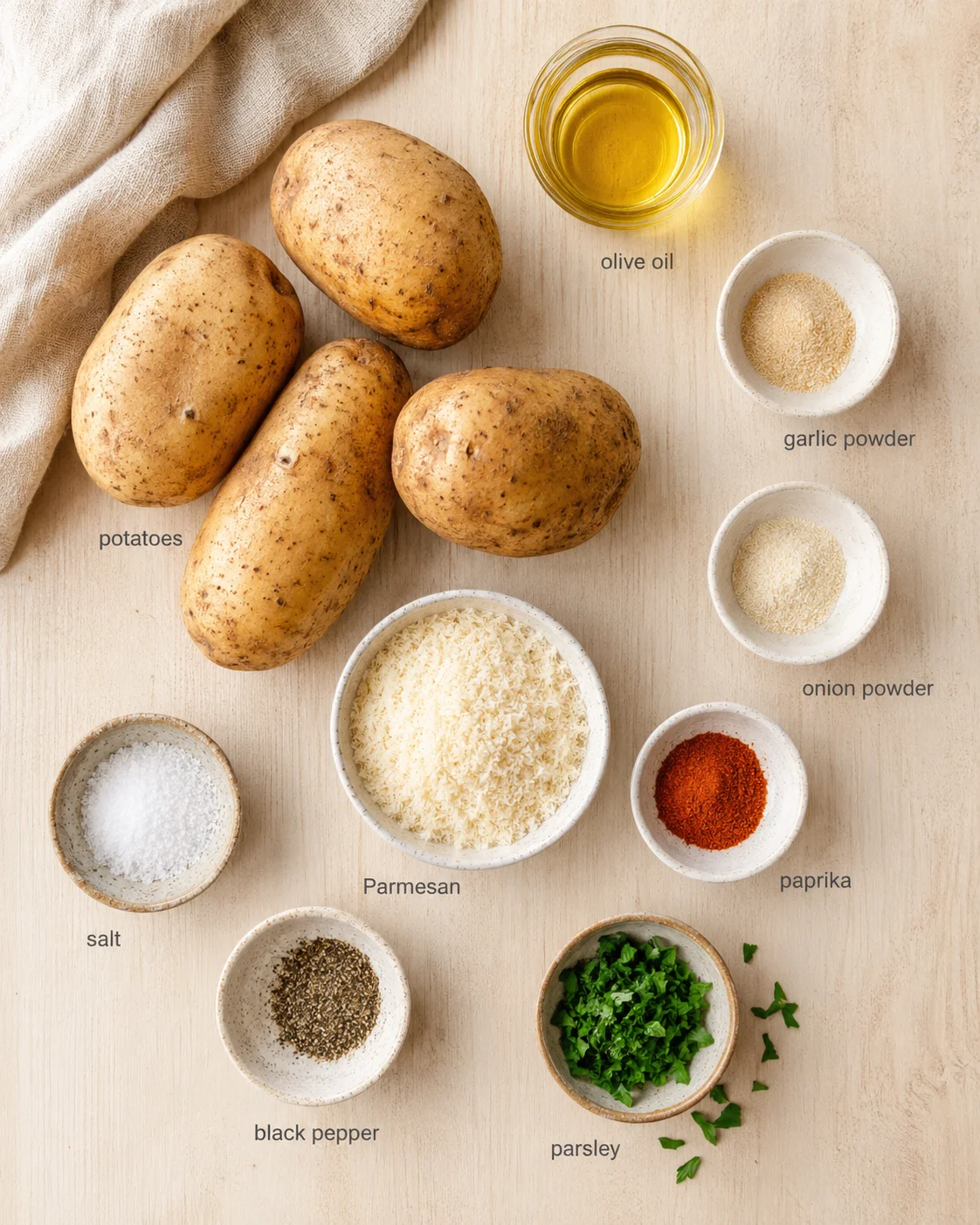 top-down view of potatoes with oil and Parmesan among labeled spice bowls on a wood surface