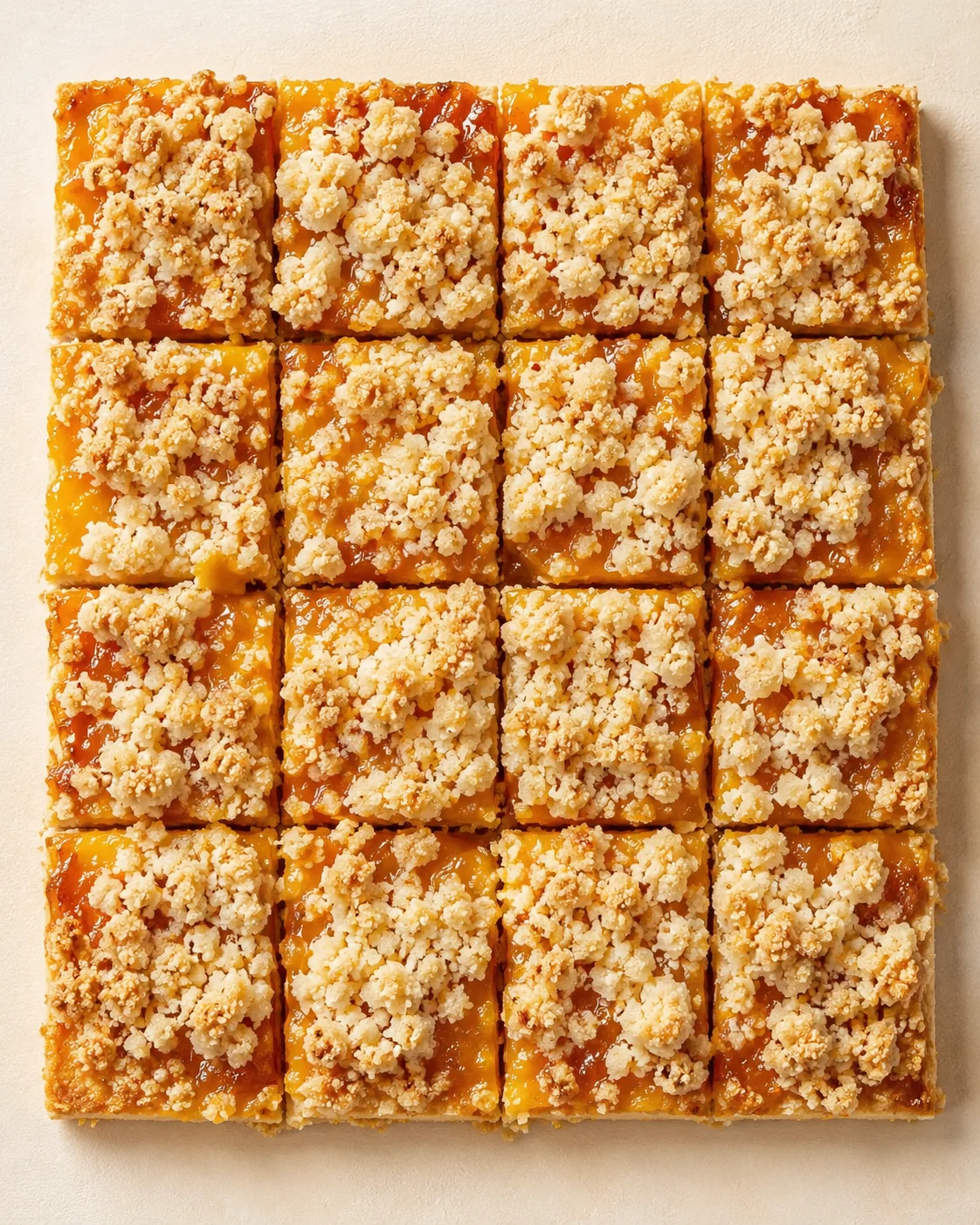 top-down view of a grid of orange pumpkin bars topped with crumbly streusel on a light beige surface.