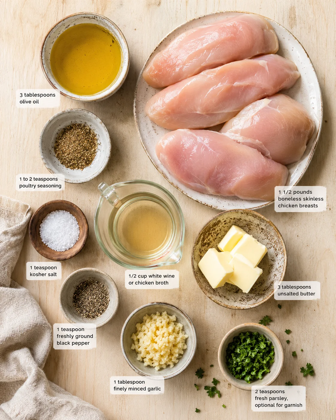 Overhead view of raw chicken breasts with oil, butter, spices, garlic, wine, and herbs on a wooden surface.
