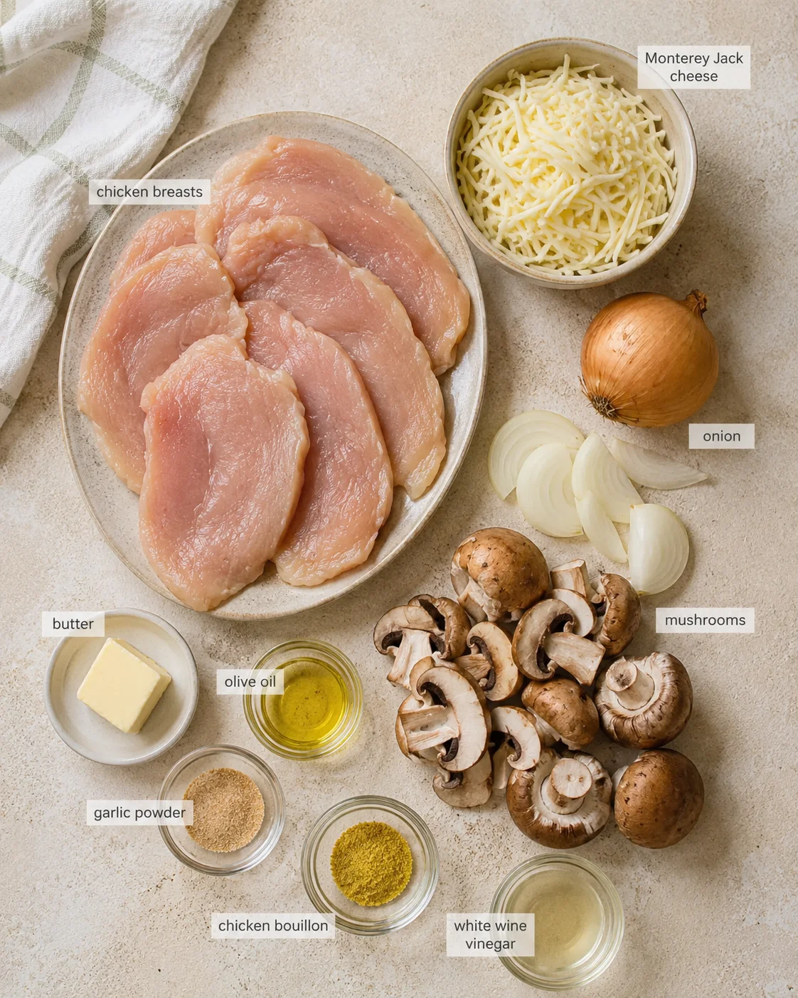 overhead flatlay of chicken breasts with cheese, onion, mushrooms, and prep ingredients.