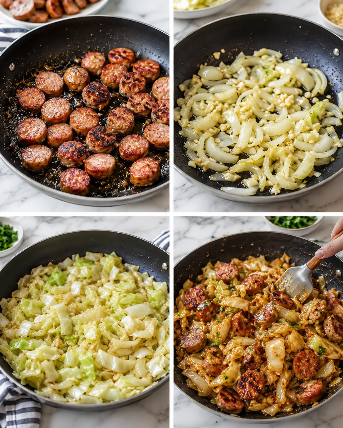 four-panel collage of browned sausage slices, sautéed onions, softening cabbage, and final sausage-cabbage skillet dish.