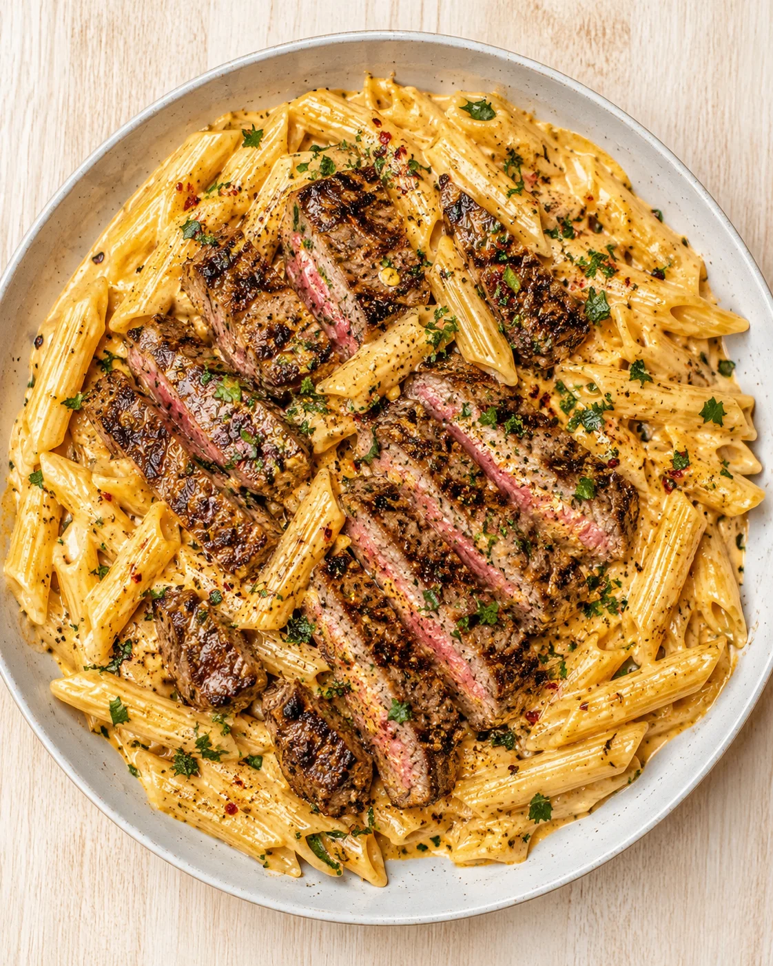 Creamy penne pasta with seared steak slices and parsley in a white bowl.