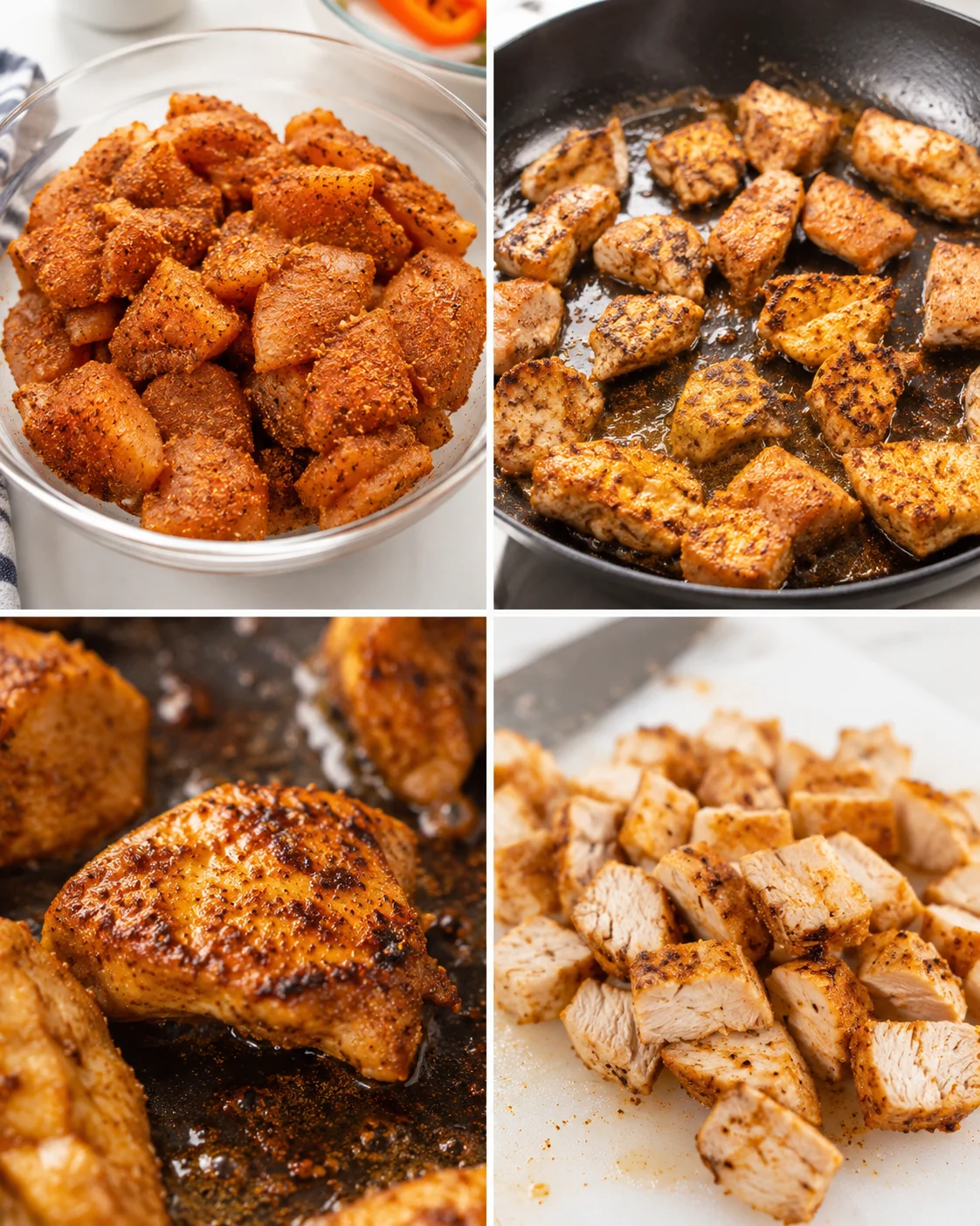 collage showing seasoned chicken bites in a bowl, pan-seared chunks, crispy crust, and diced cooked chicken