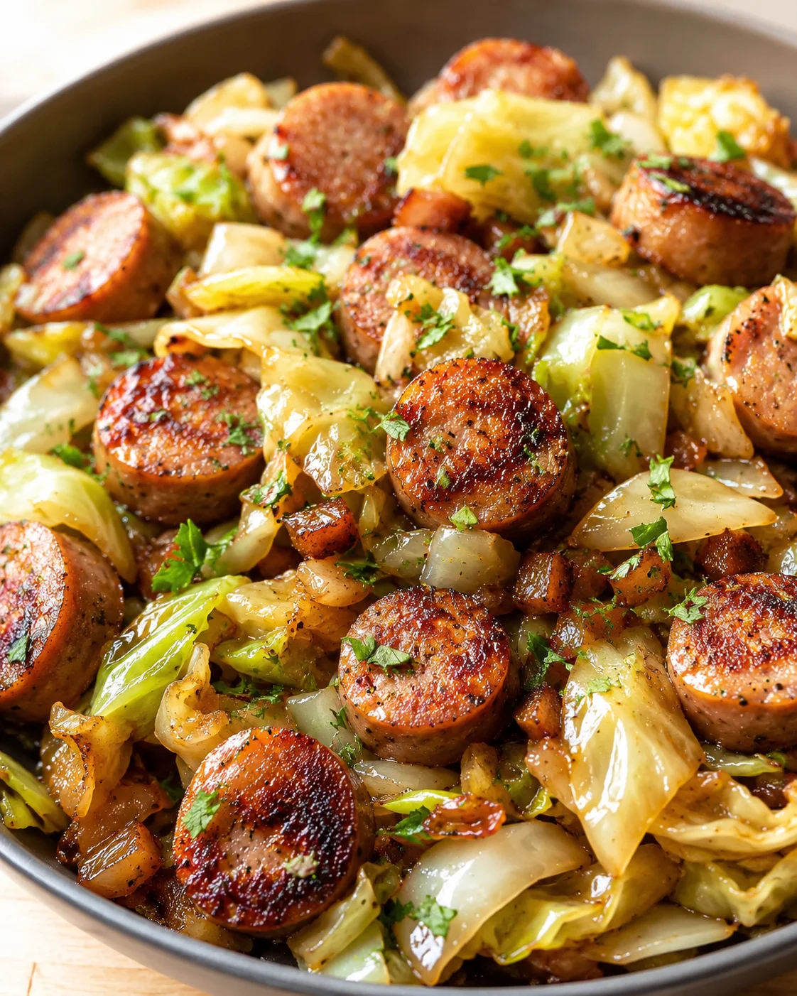brown-sliced sausage with caramelized onion and cabbage in a skillet, sprinkled with parsley
