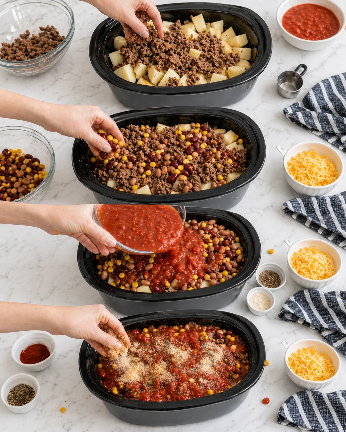 Hands pour tomato sauce over layered potatoes, beans, and corn in slow cookers.