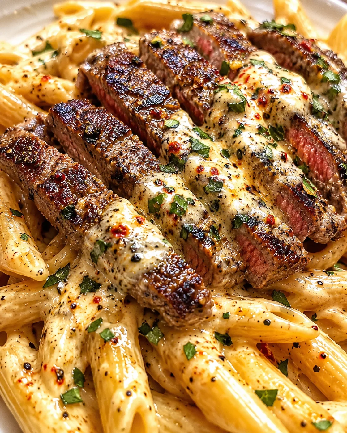 juicy seared steak slices atop creamy parmesan penne, sprinkled with herbs and red pepper flakes