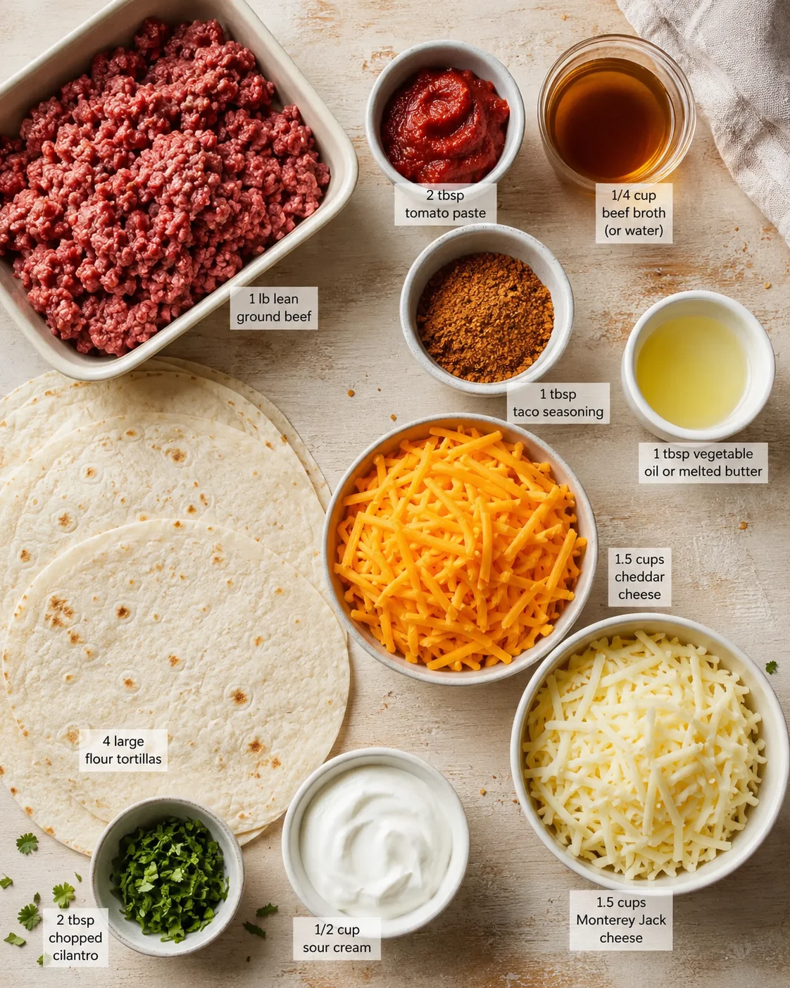 Overhead view of taco-night ingredients arranged around tortillas on a wooden surface.