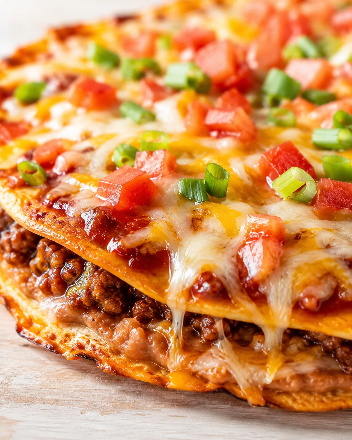close-up of a cheesy taco-pizza slice with ground beef, tomatoes, and green onions