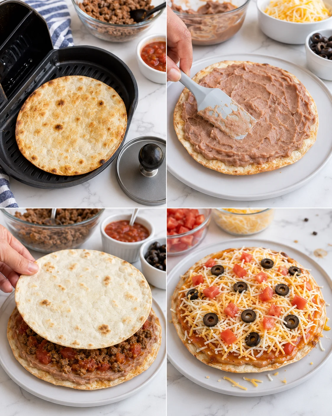 Collage showing four-step tortilla pizza assembly with beef, bean spread, cheese, tomatoes, and olives, on a marble countertop.