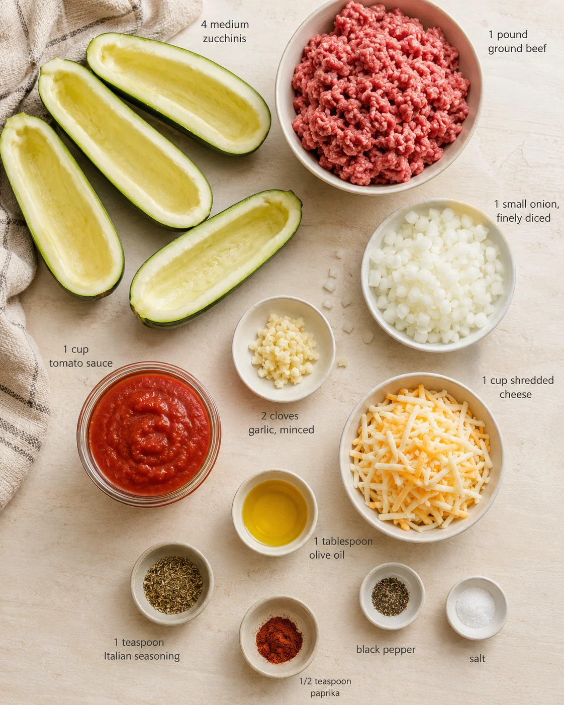 Overhead view of zucchini boats and ground beef, onions, cheese, tomato sauce and spices arranged on a light wood surface.