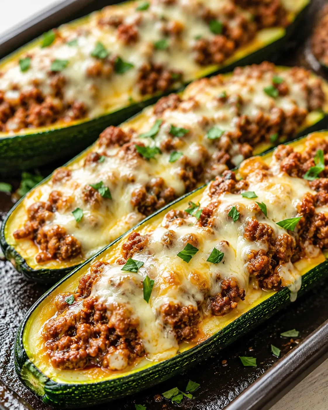 baked zucchini boats stuffed with meat, melted cheese, and chopped parsley garnish