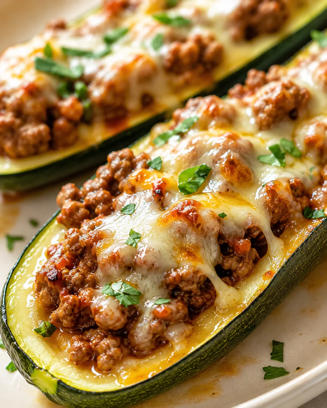 Close-up shot of zucchini boats stuffed with browned meat and creamy melted cheese, topped with parsley.