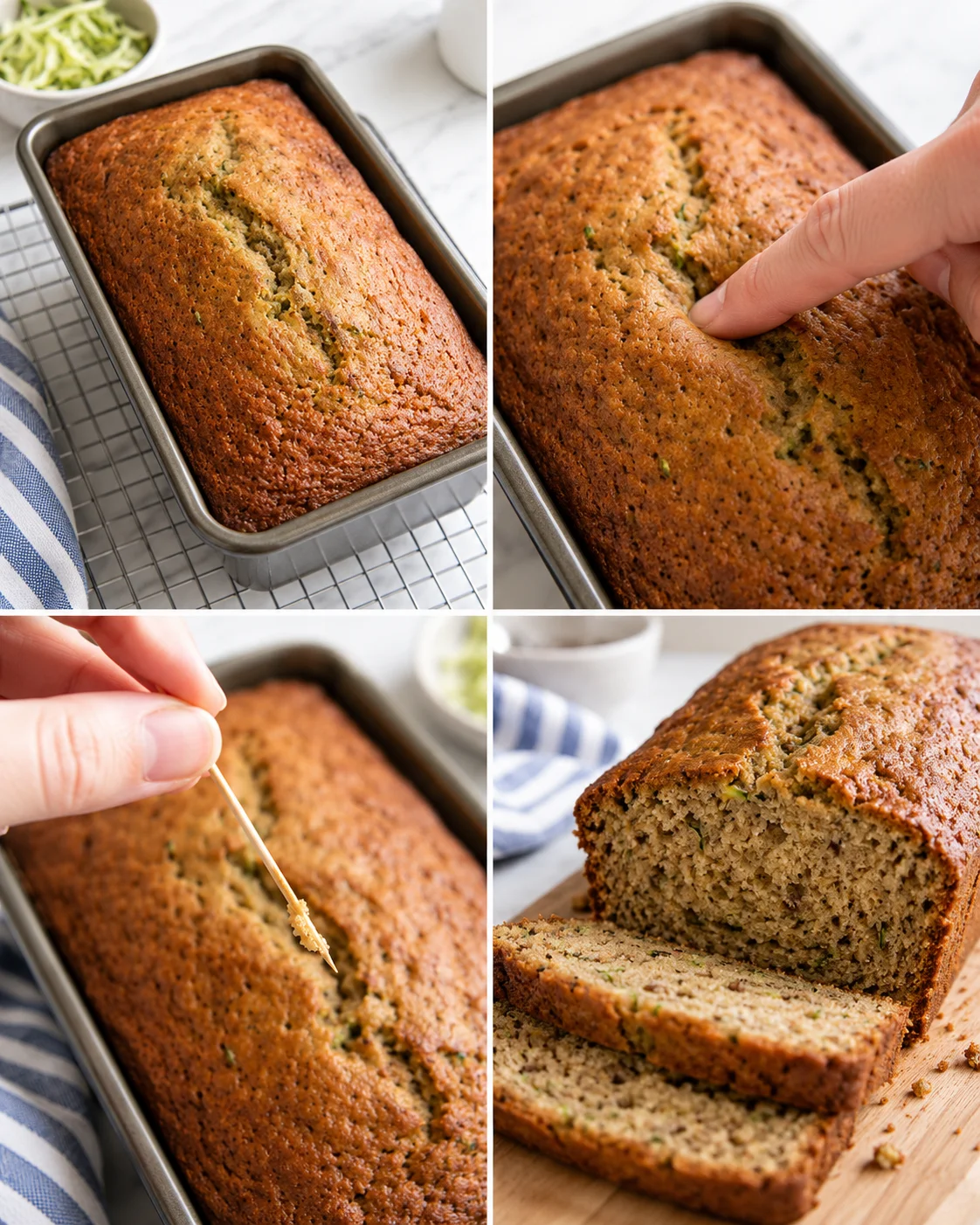 Four-panel collage of a golden zucchini bread loaf in a pan with slices on a board.