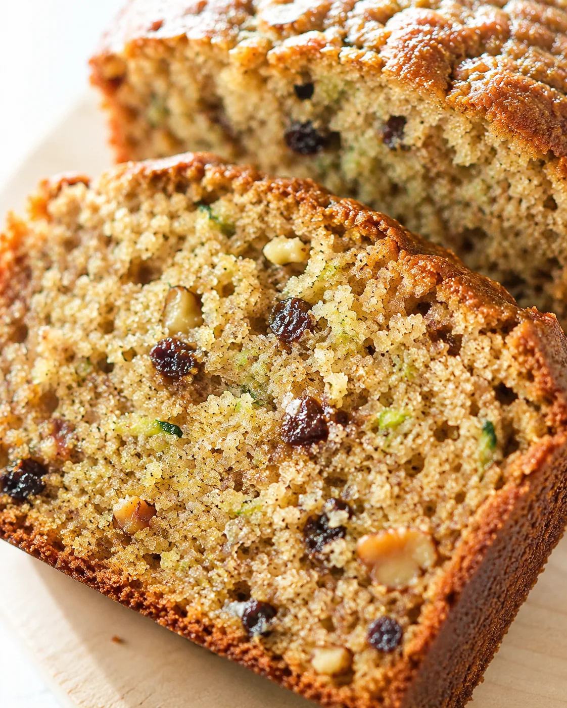 Close-up of sliced zucchini bread with nuts and raisins on a wooden board.