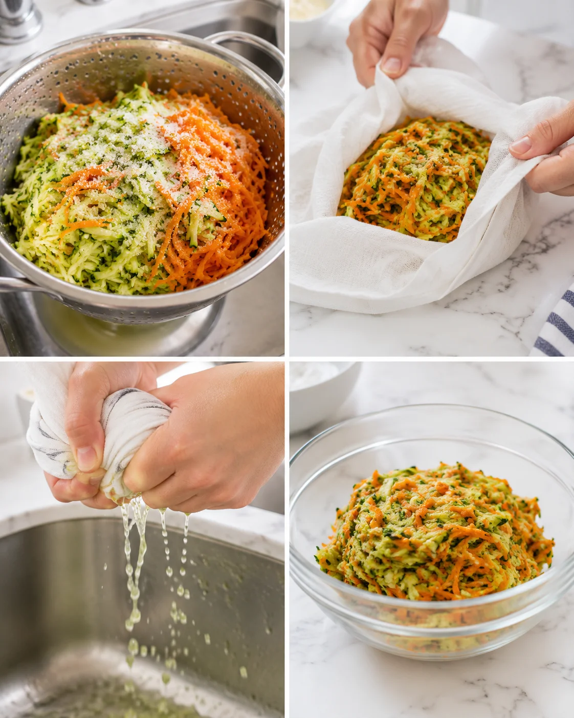 collage showing shredded zucchini and carrot, draining moisture in cloth, ready-to-use mixture