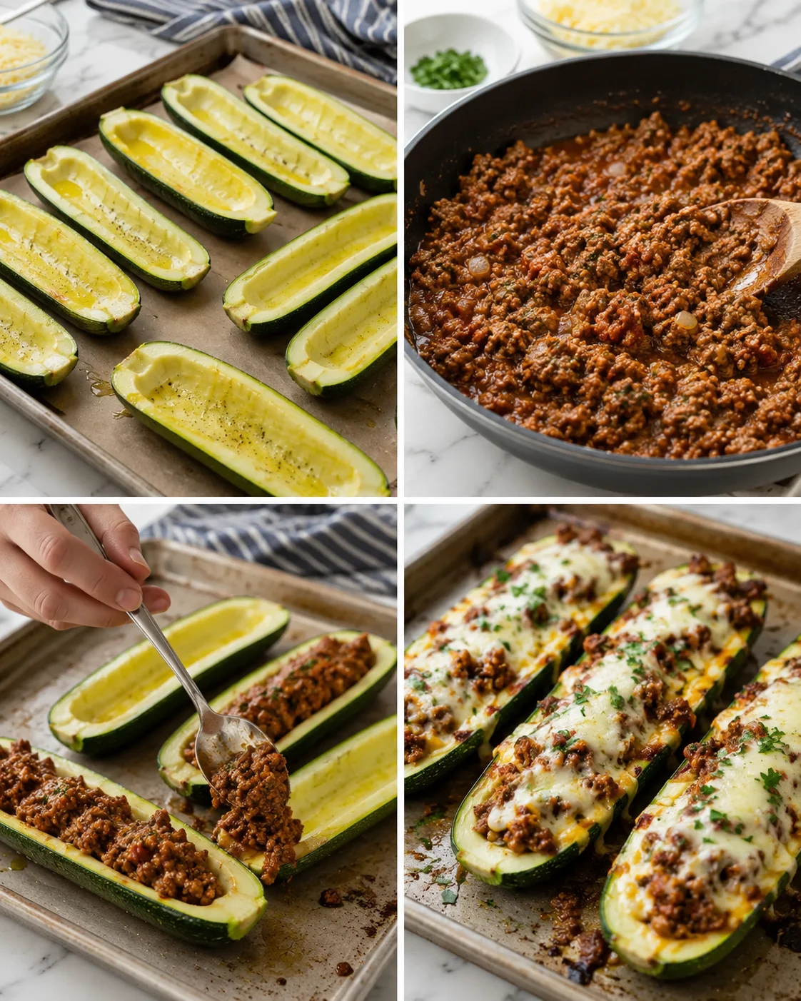 collage of hollow zucchini boats with meat filling and cheese, ready for baking
