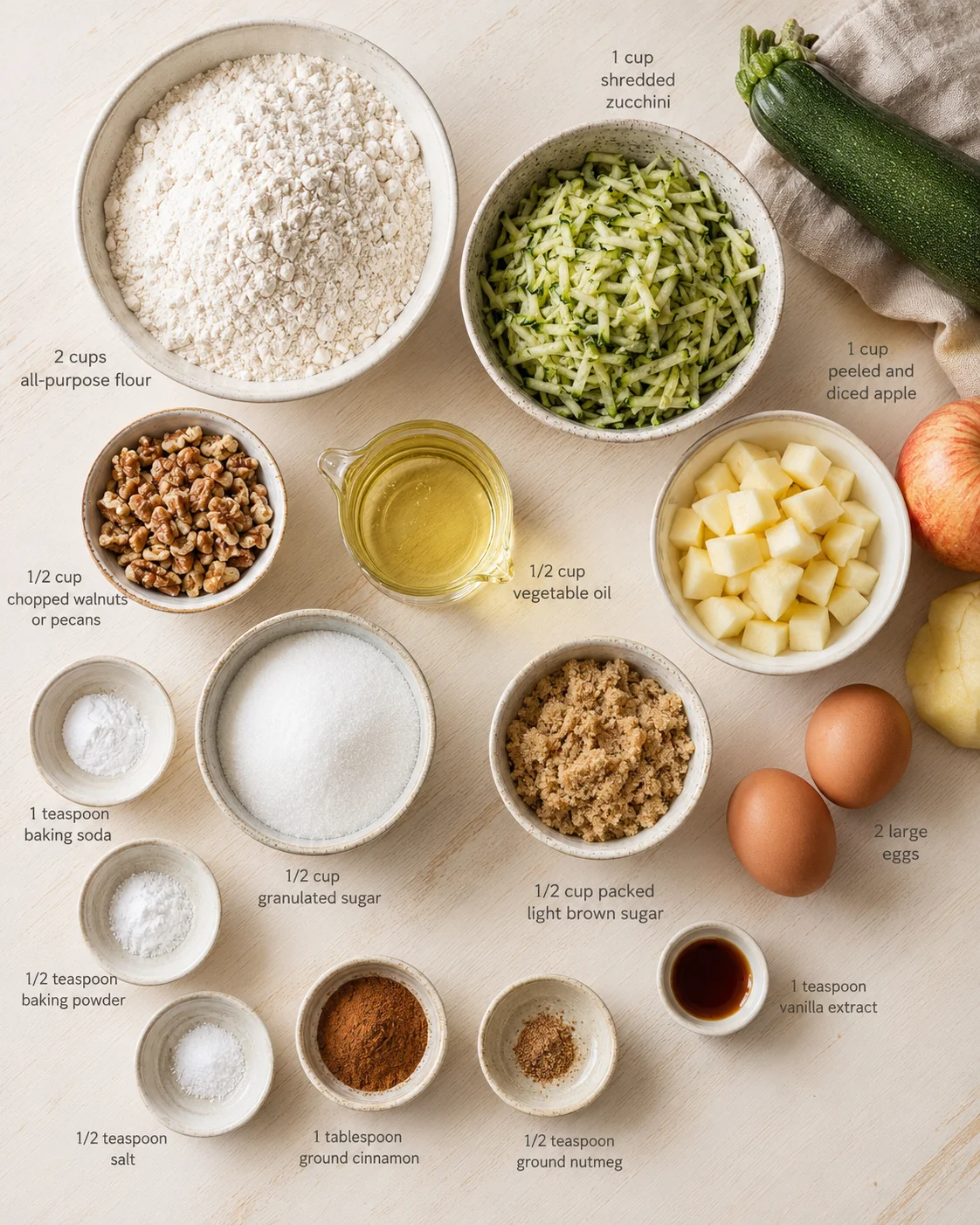 Overhead view of labeled baking ingredients for an apple-zucchini recipe on a light wood surface