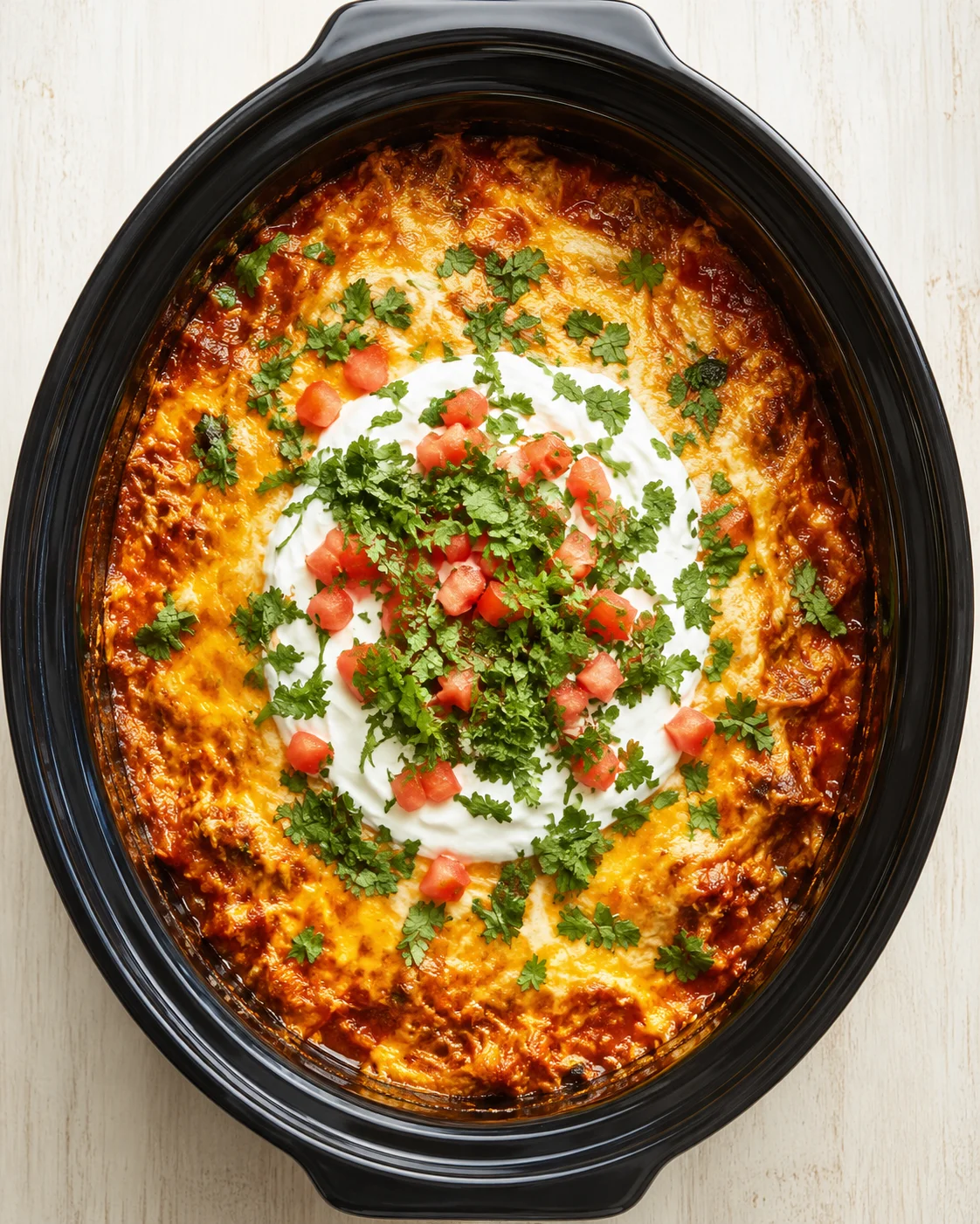 Overhead view of a bubbling cheesy casserole topped with sour cream, diced tomatoes, and cilantro.