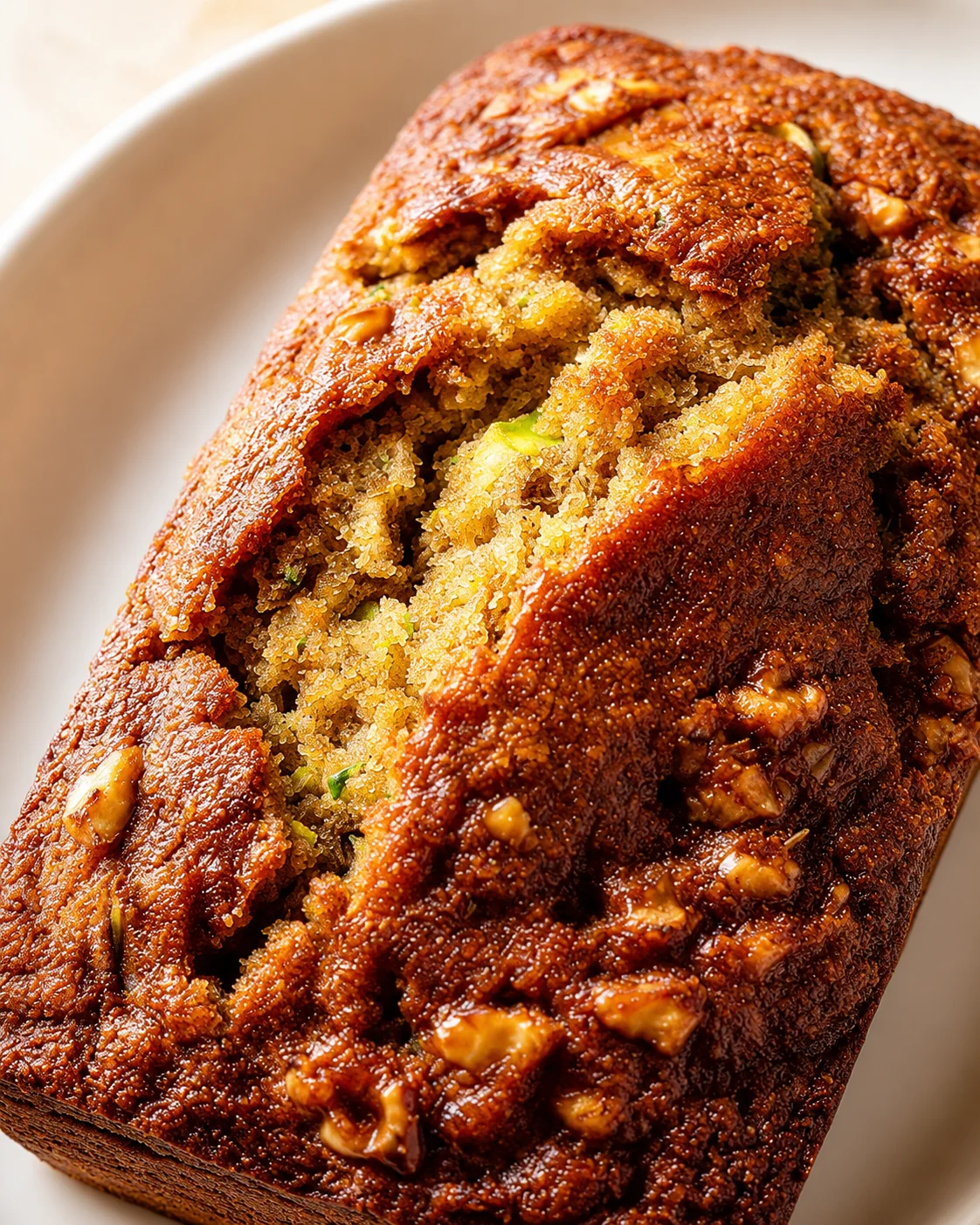 Close-up of a golden-brown loaf of banana bread with visible nuts and dense crumb.