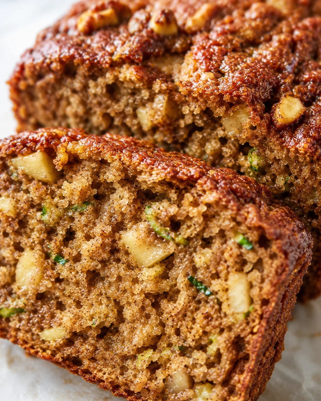 close-up of banana-nut bread slices with walnuts and pistachios on a light surface