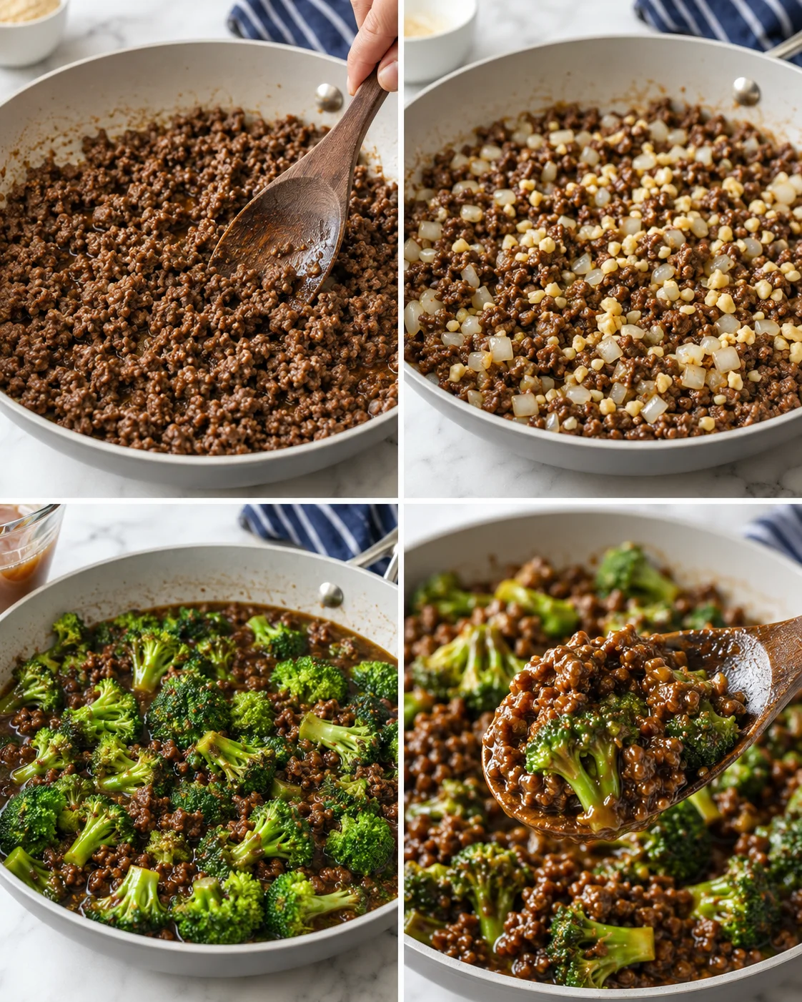 Collage showing browning ground beef, onions added, broccoli added, and a spoon over a skillet.