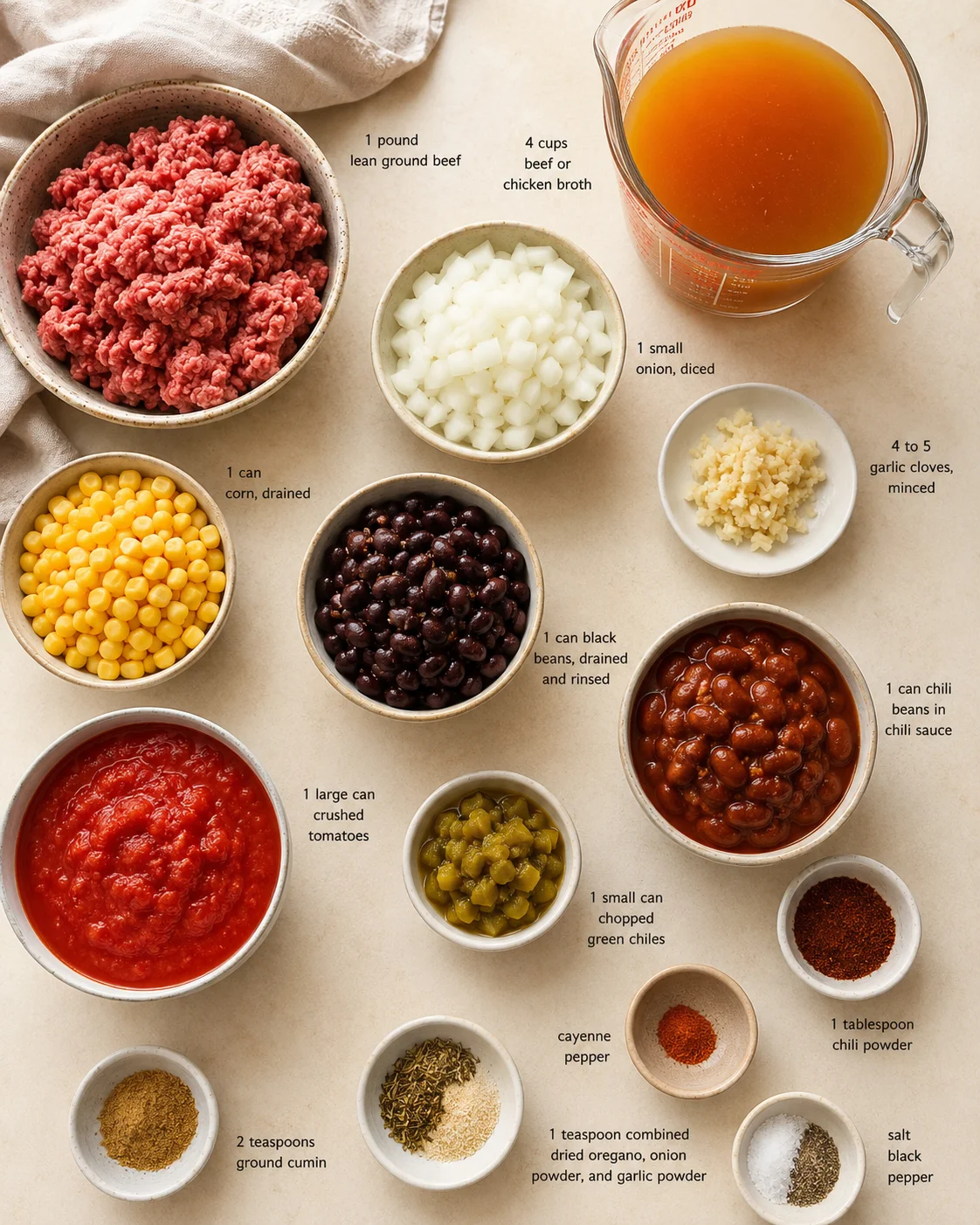 Overhead view of chili ingredients arranged in bowls with labels and a broth pitcher.