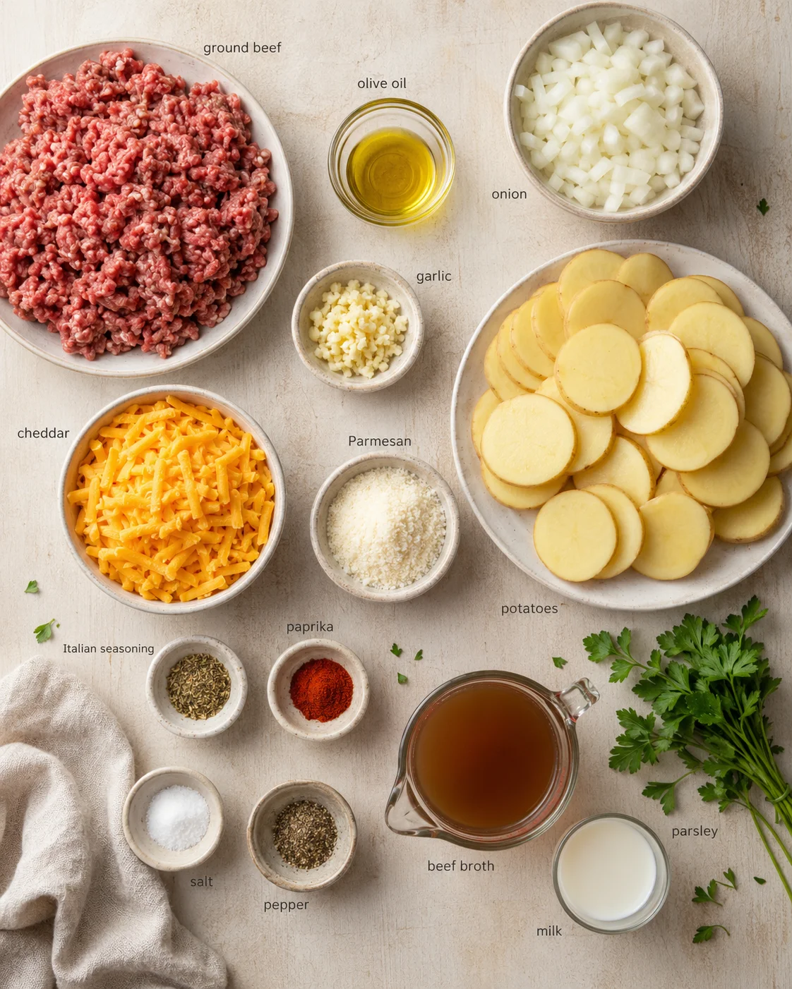 Overhead view of bowls with ground beef, potatoes, onions, cheddar, garlic, and seasonings arranged on a light countertop.