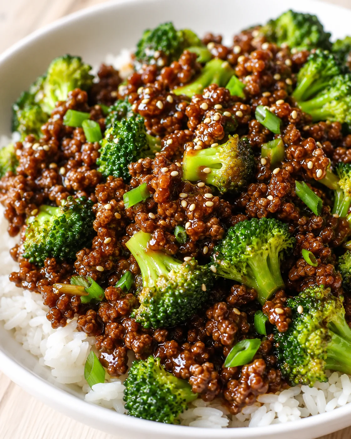 bowl of rice topped with broccoli and saucy ground beef, sesame seeds and scallions