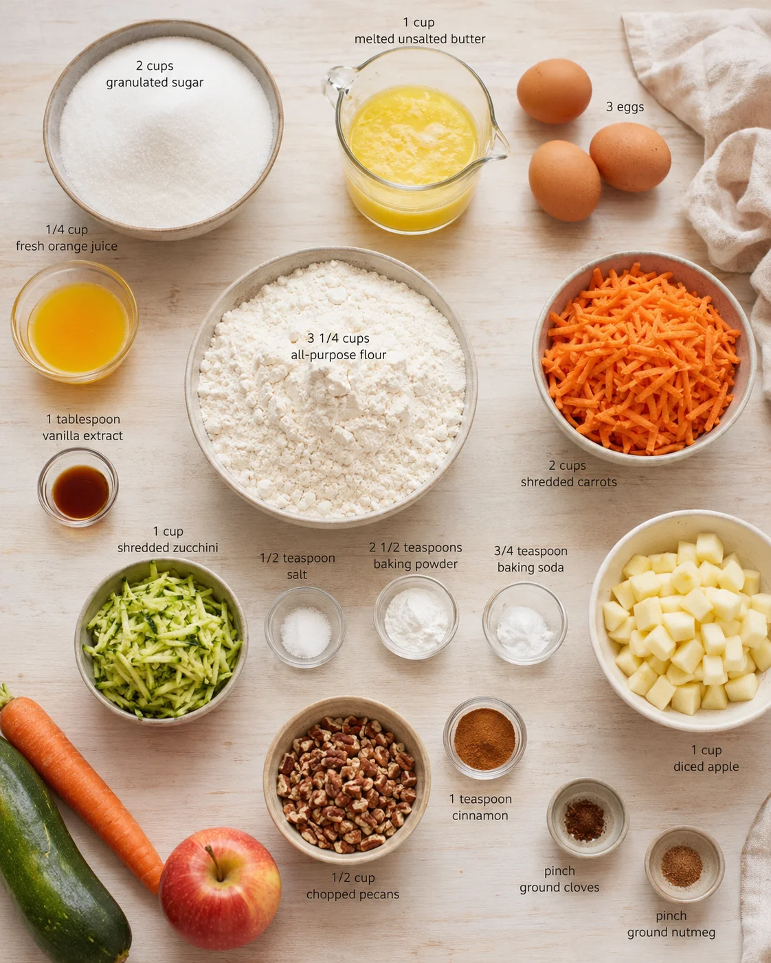 Overhead flat-lay of ingredients: flour, sugar, butter, eggs, shredded carrots, diced apples, zucchini, and spices.