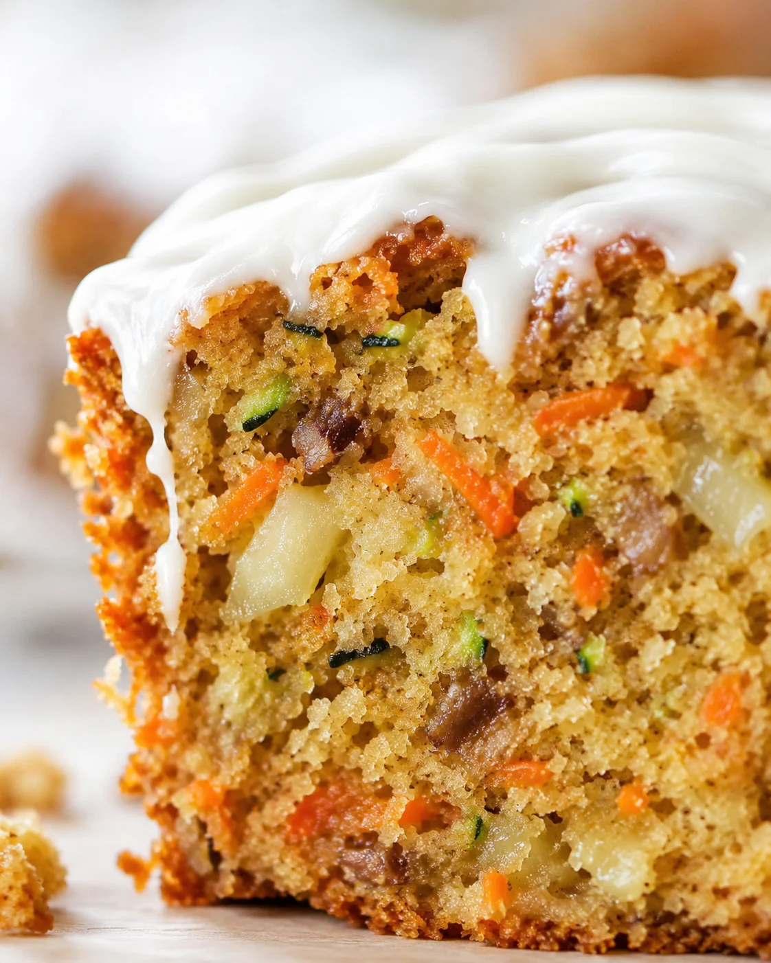Close-up of a dense carrot cake slice topped with creamy white frosting