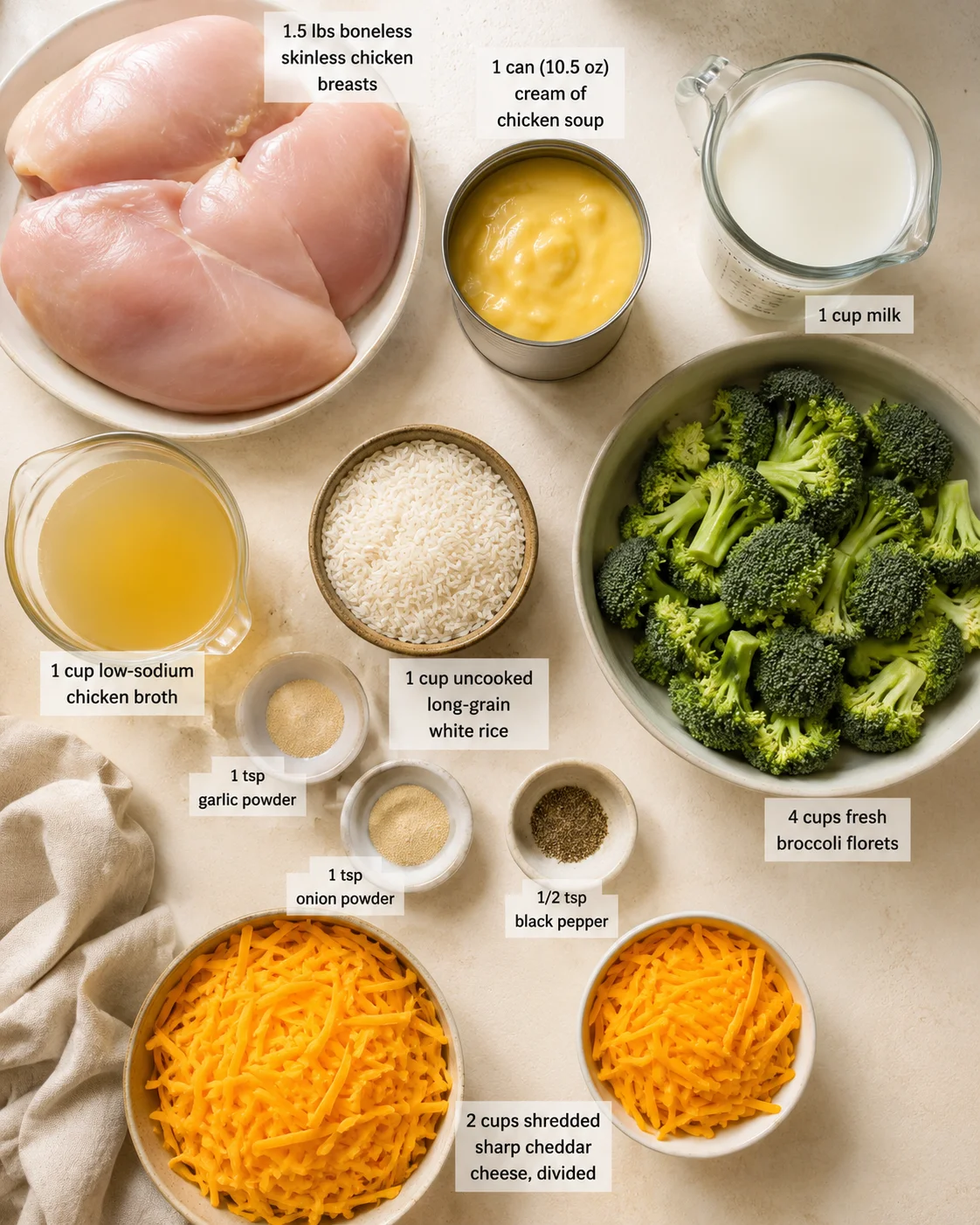 top-down view of chicken breasts, broccoli, rice, shredded cheddar, and sauces labeled for recipe on a beige countertop