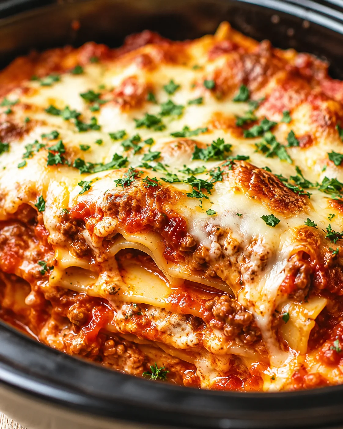 close-up of bubbling lasagna in a dark pan with melted cheese, tomato sauce, and chopped parsley