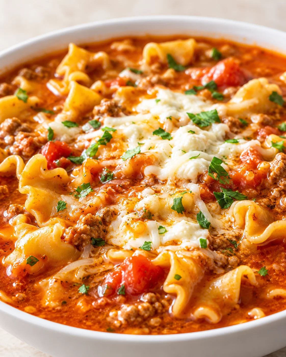 close-up of a white bowl filled with tomato-meat sauce, wide pasta ribbons, melted cheese, and parsley