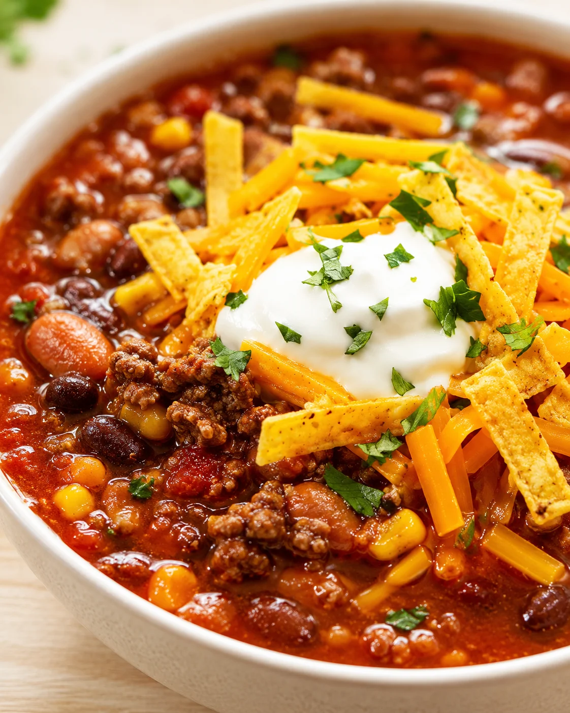 hearty chili bowl with beans, corn, cheese, sour cream, and cilantro