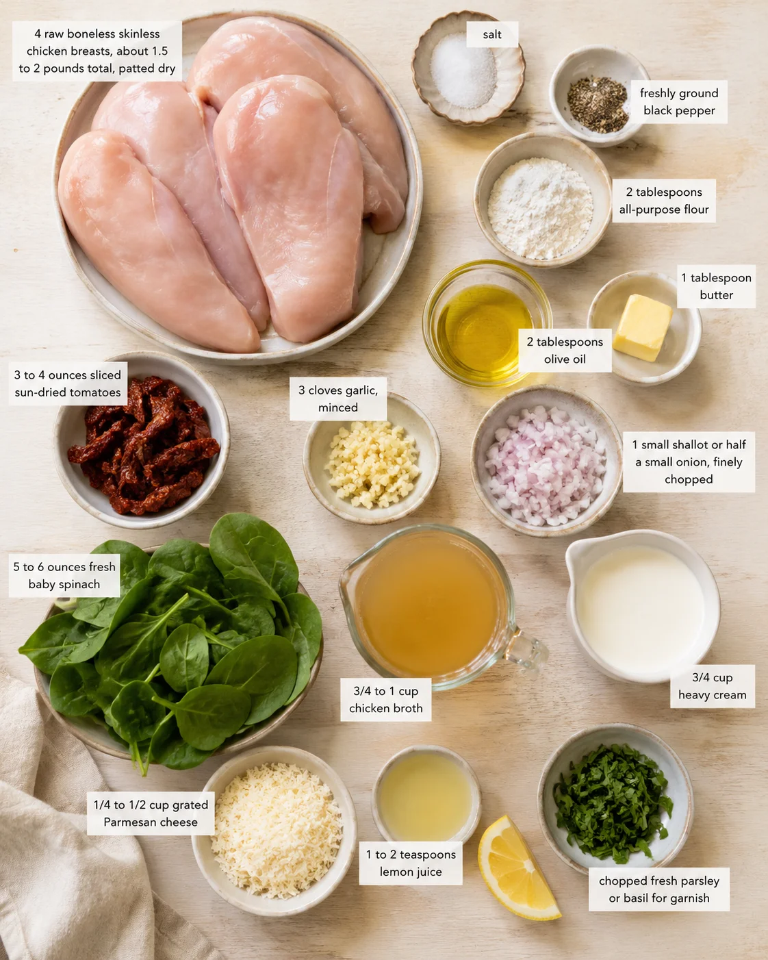 Top-down view of raw chicken and assorted ingredients arranged in bowls with white callout labels detailing measurements.