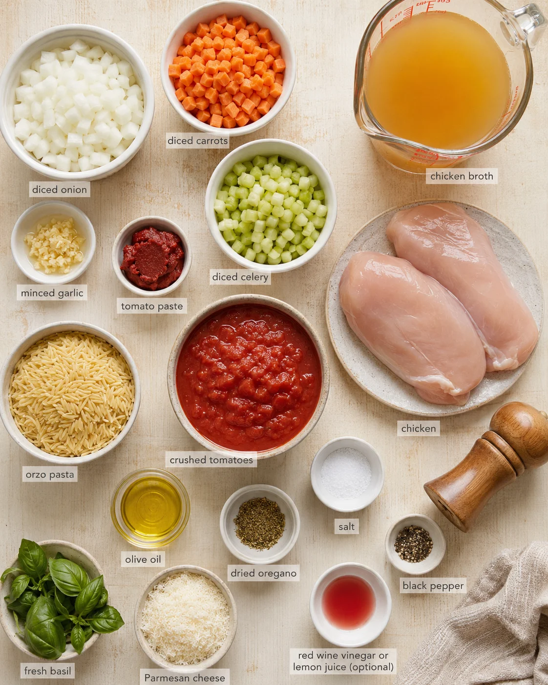 Overhead view of ingredients for chicken orzo dish arranged on a wooden surface