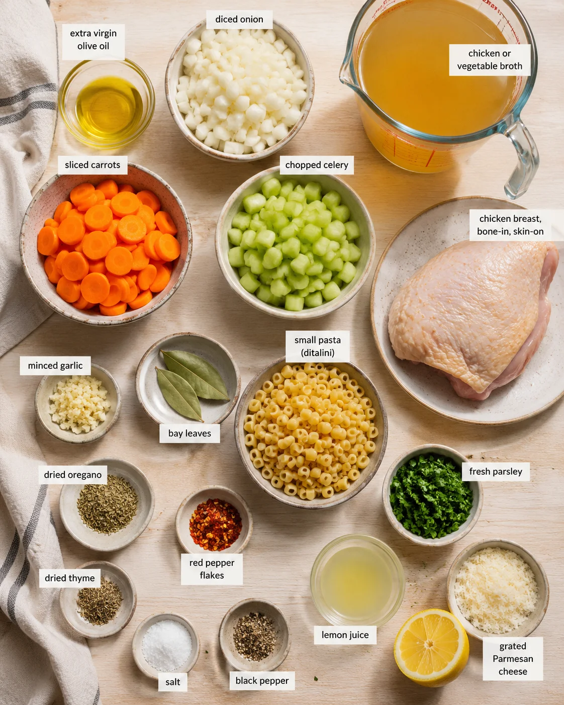 Top-down flat lay of chicken-soup ingredients arranged on a wooden table, including vegetables, herbs, and chicken.
