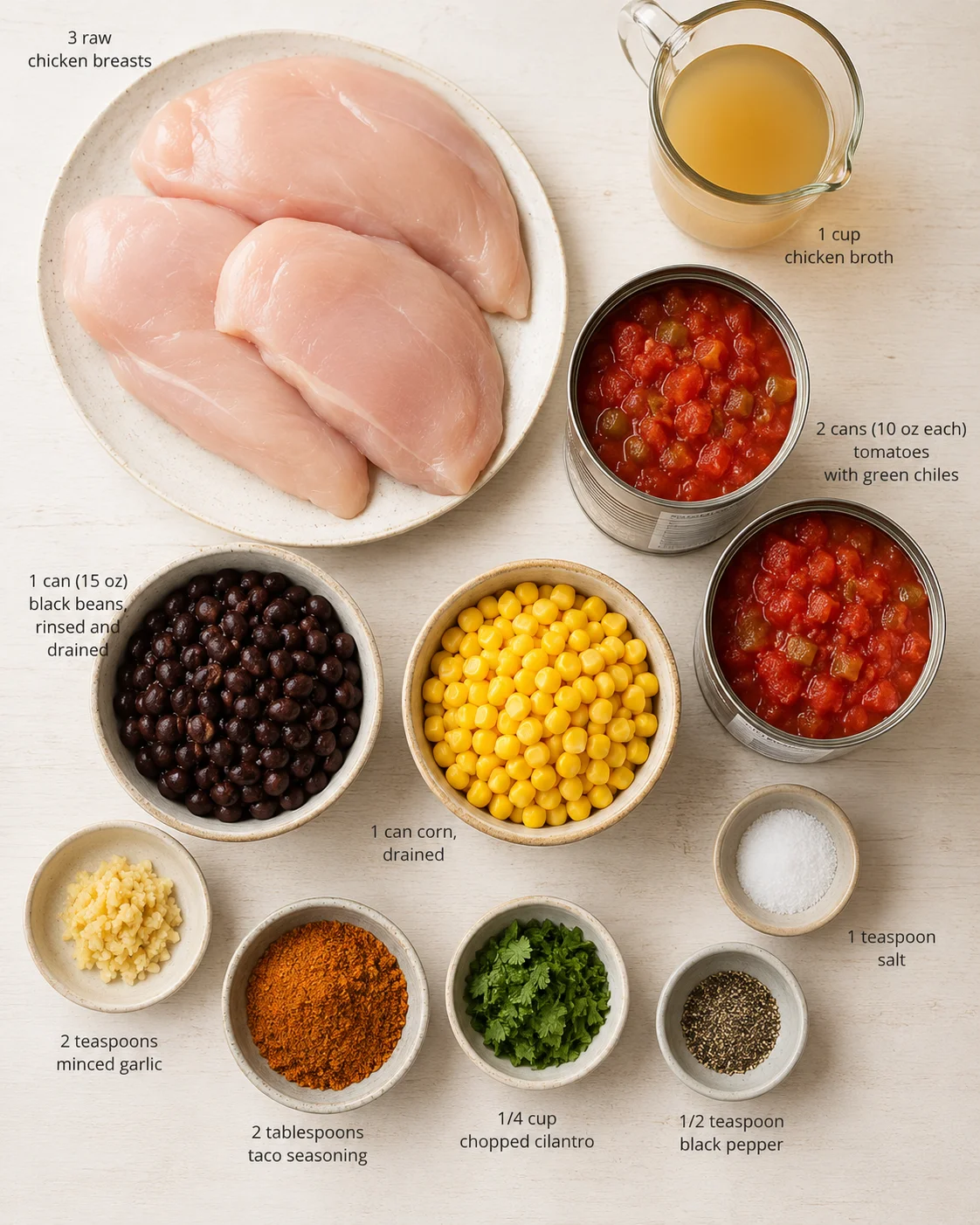 top-down view of raw chicken breasts and canned ingredients laid out with labels
