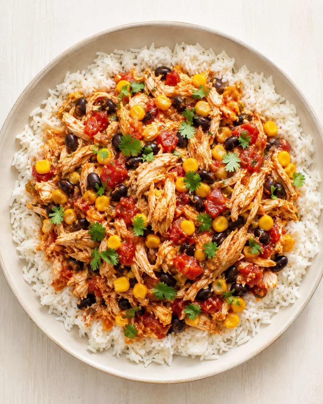 Plate of white rice topped with shredded chicken in tomato sauce, corn, black beans, and cilantro.