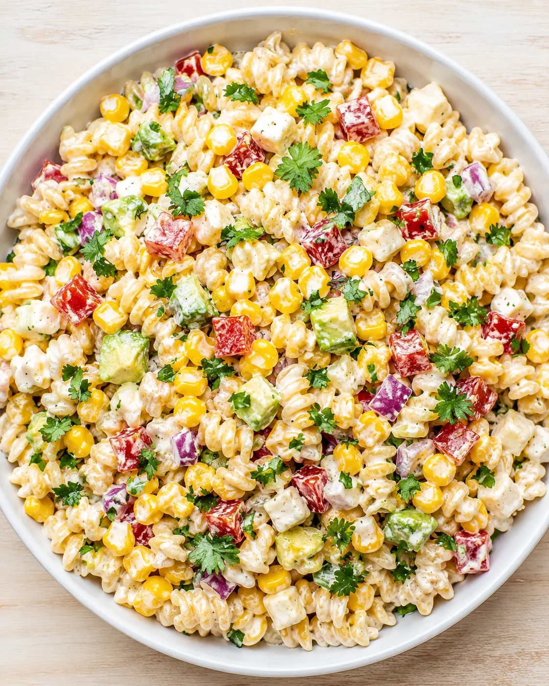 Creamy rotini pasta salad with corn, avocado, red peppers, and parsley in a white bowl.