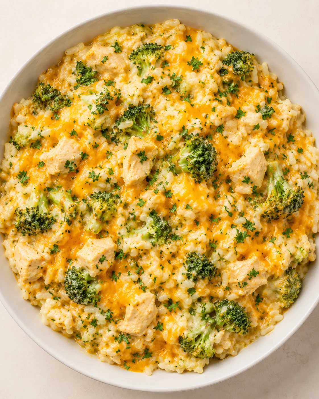 Creamy broccoli cheddar chicken and rice dish in a white bowl.