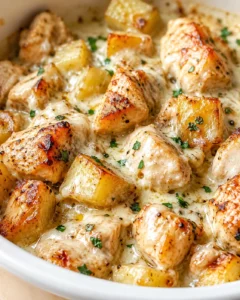 Creamy chicken and potato entree with browned edges, garnished with parsley.