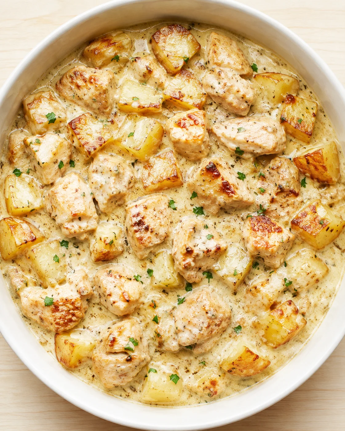 creamy chicken and potato bake with browned cubes and parsley garnish in a white dish.